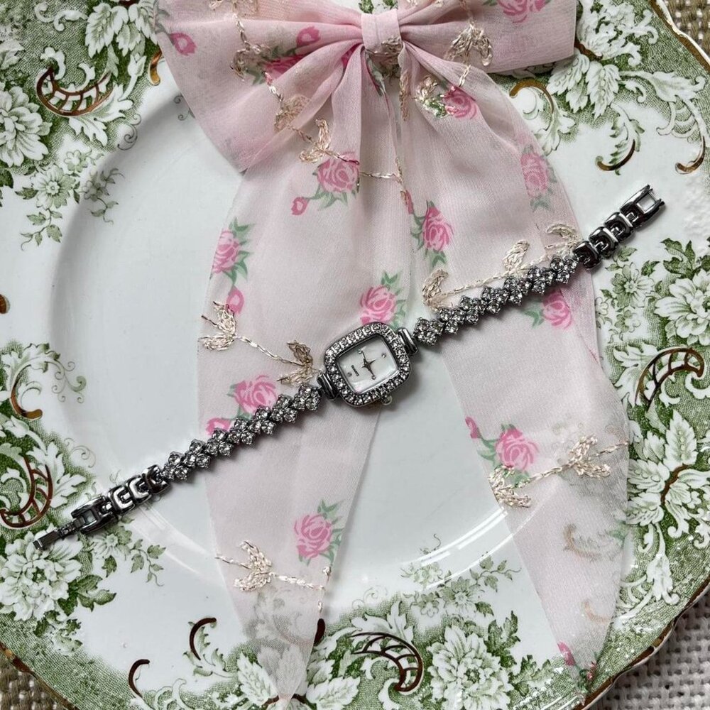 Silver Tone Rhinestones Vintage Dainty Womens Watch